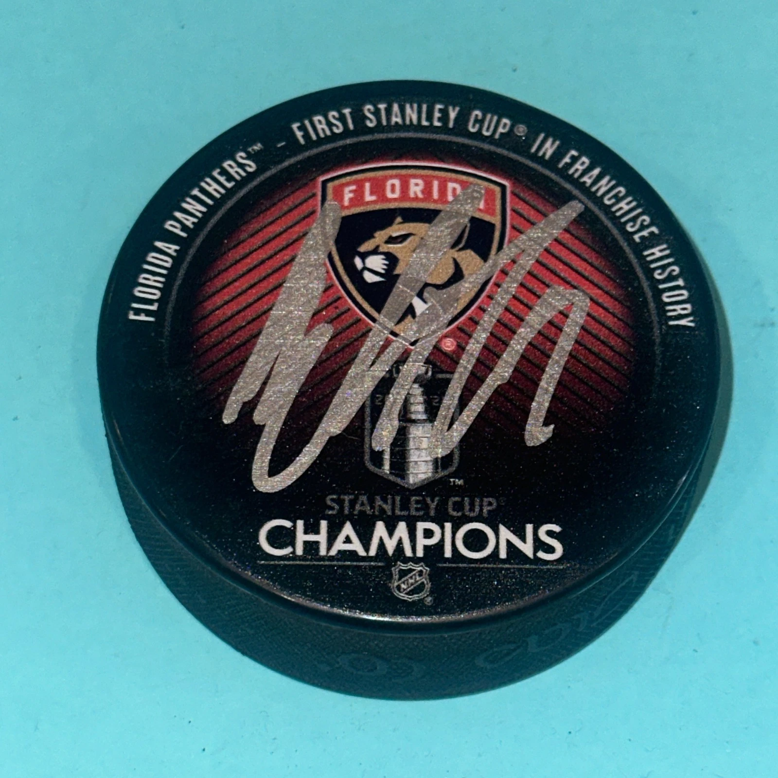 MYLES FEE (Panthers)  Signed 2024 STANLEY CUP CHAMPS Puck Beckett (BAS)