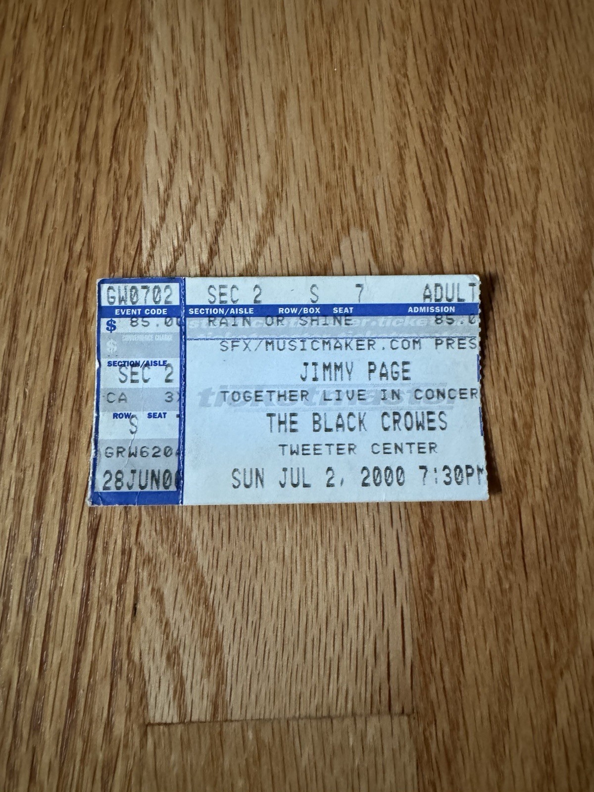 Jimmy Page Concert Ticket Stub July 2, 2000 Tweeter Center Black Crowes