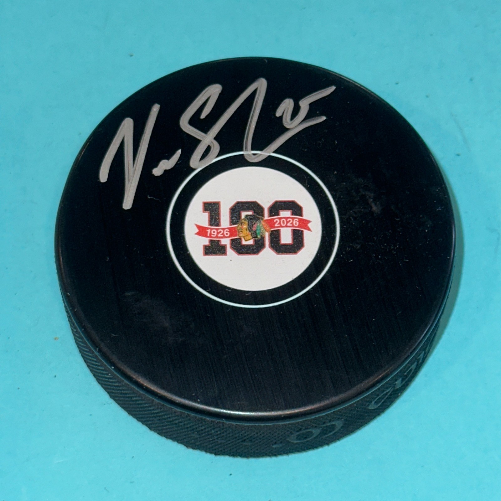VIKTOR STALBERG Signed Chicago BLACKHAWKS 100th Anniversary Puck Beckett (BAS)