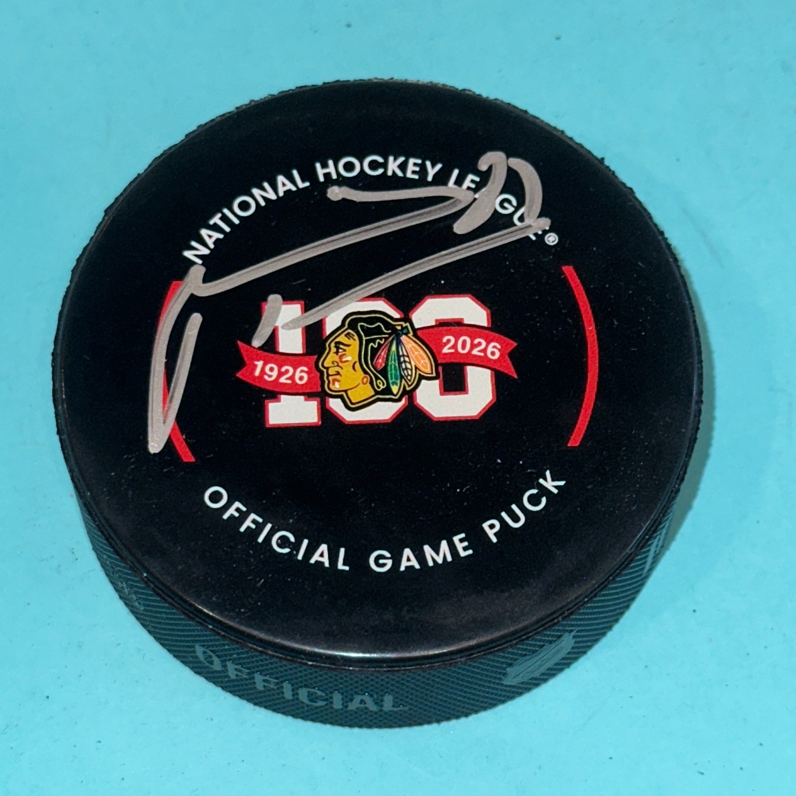 MARIAN HOSSA Signed BLAKHAWKS 100th Ann Official GAME Puck Beckett (BAS)