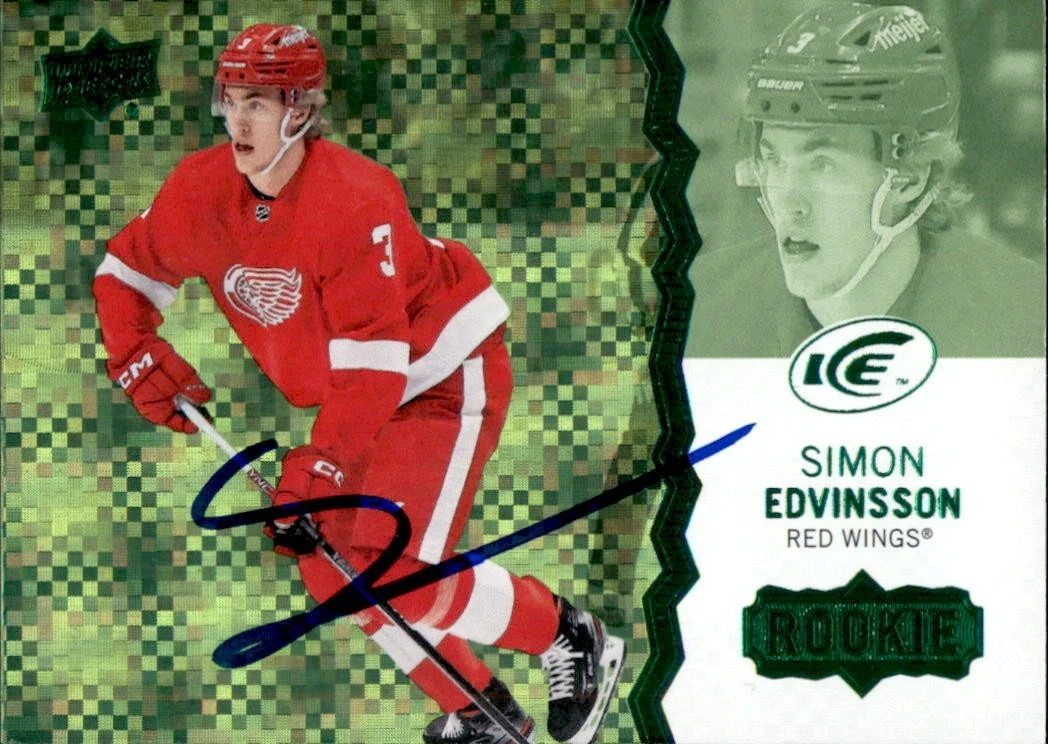 Simon Edvinsson Signed 2023/24 Upper Deck Ice Red Wings Green Rookie Card #143