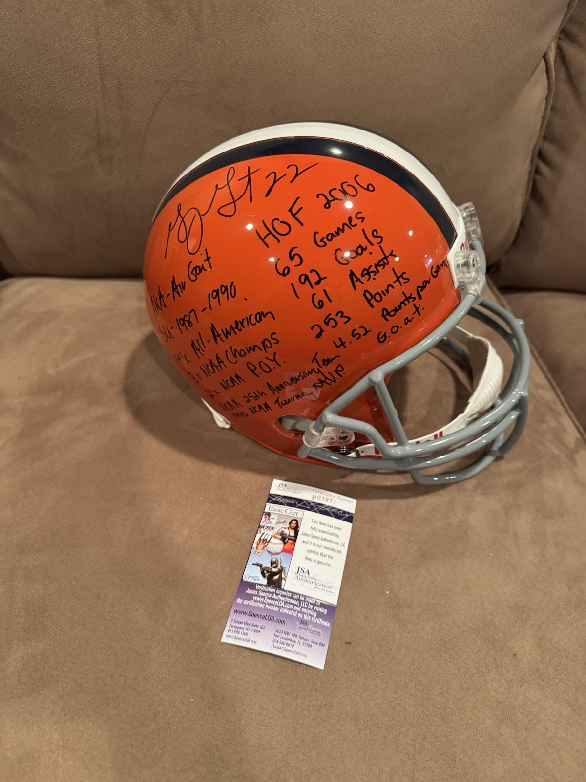 Gary Gait SIGNED Autographed F/S SYRACUSE STAT HELMET 14 INSCRIPTIONS JSA Wow