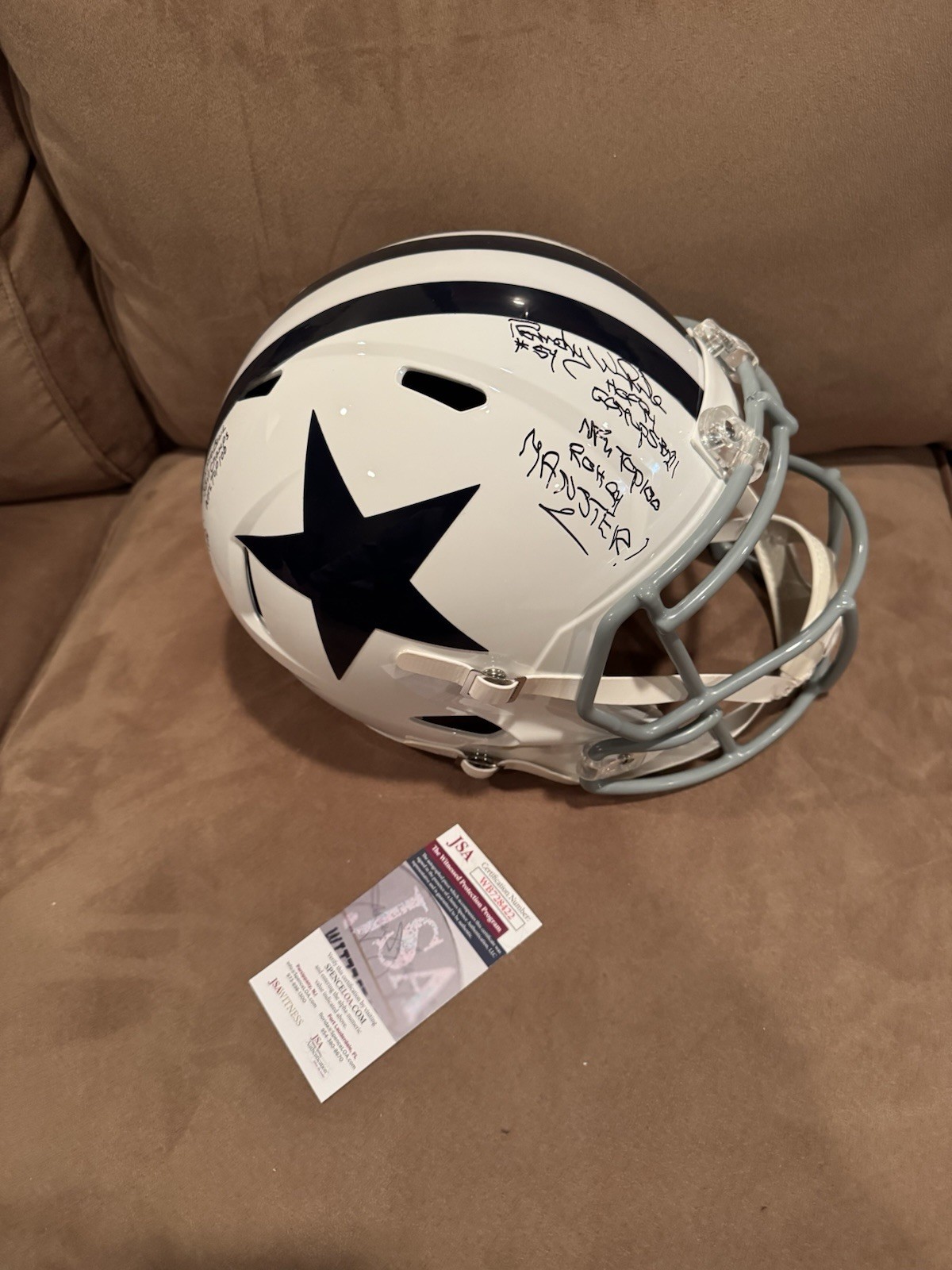 Bob Lilly Drew Pearson Renfro White SIGNED COWBOYS F/S HELMET JSA 21 INSCRIPTION