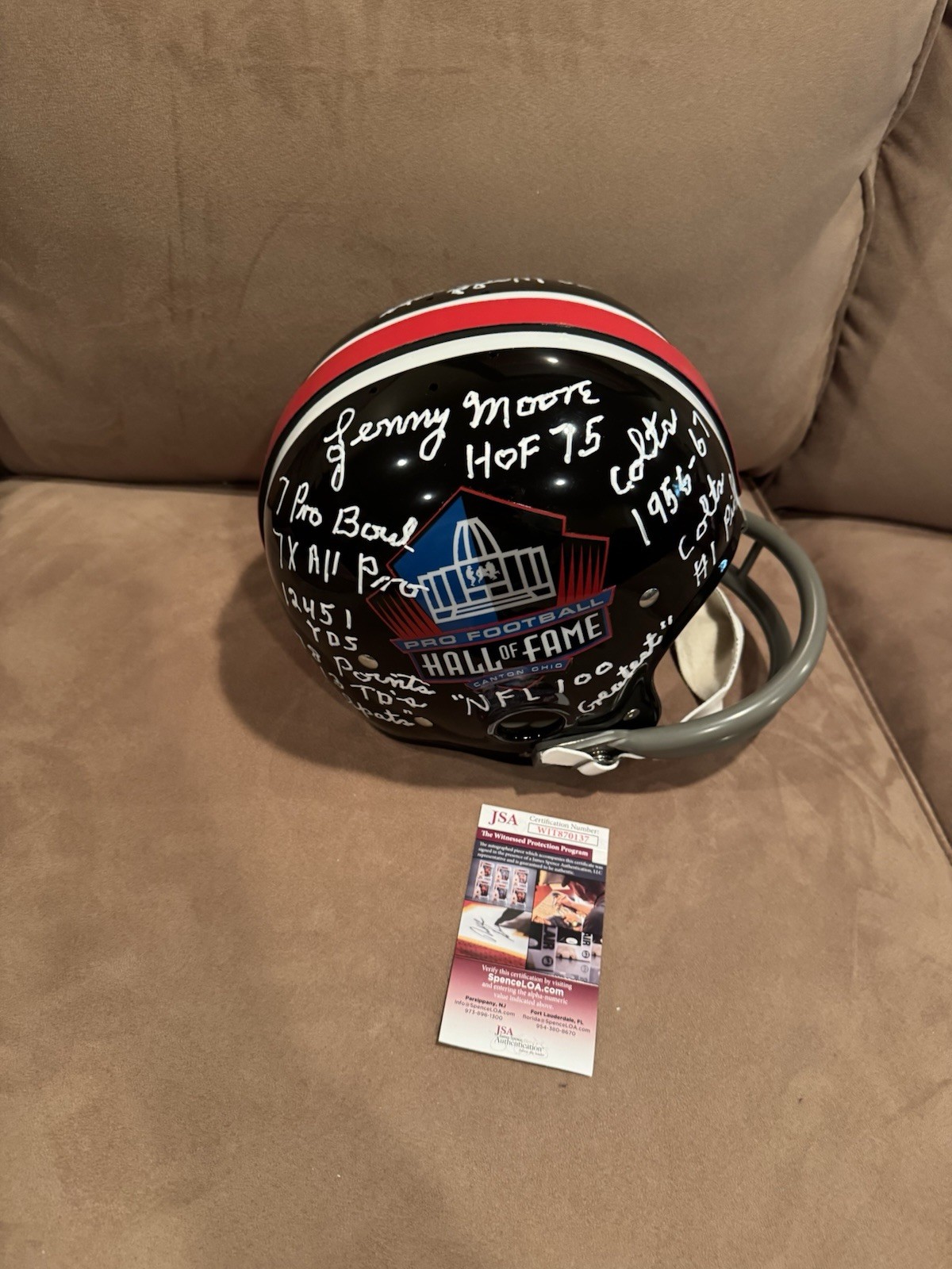 Lenny Moore SIGNED STAT F/S HoF Helmet 19 INSCRIPTIONS Baltimore Colts JSA