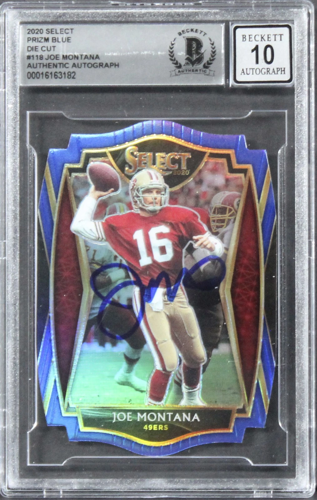 49ers Joe Montana Signed 2020 Select Prizm Blue #118 Card Auto 10! BAS Slabbed