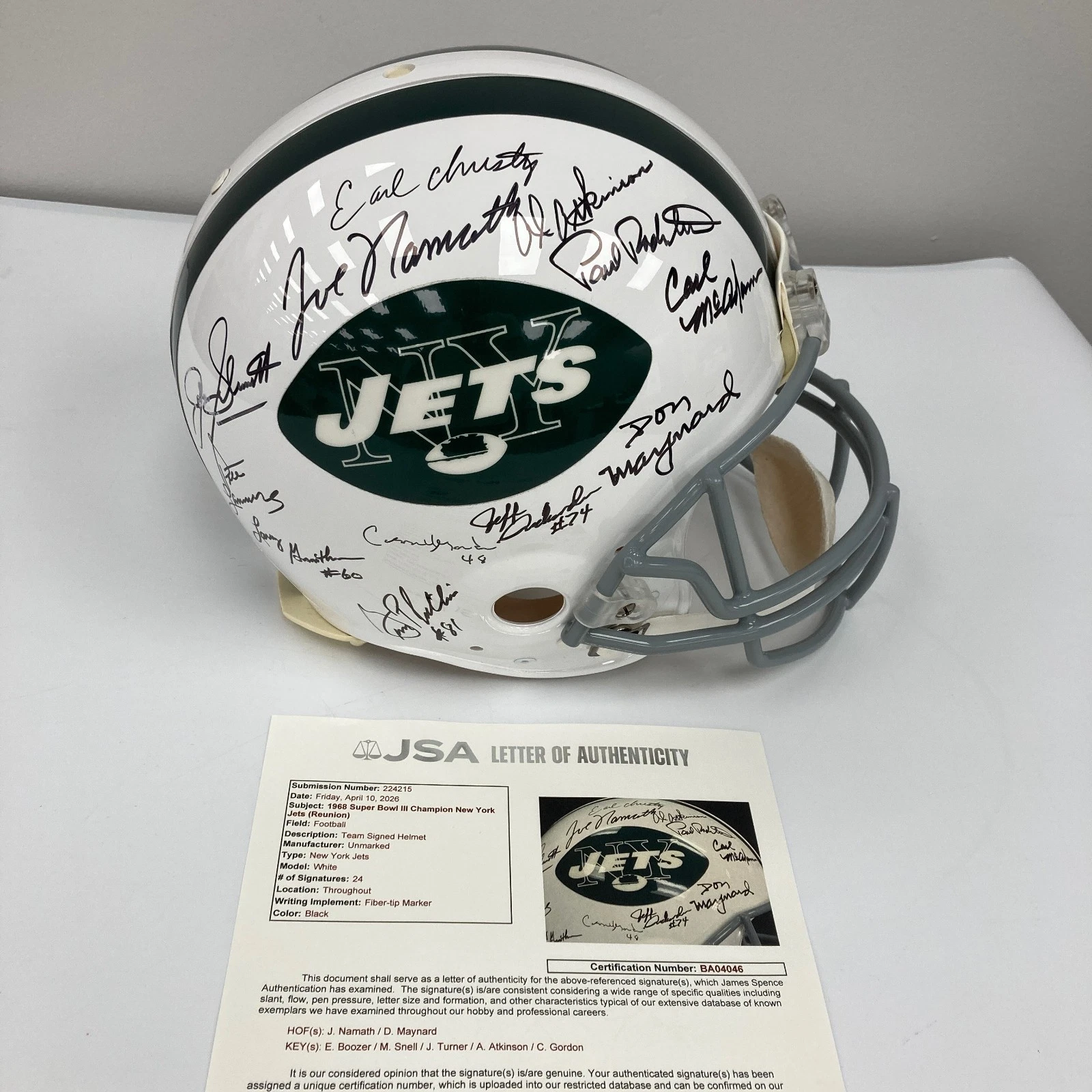1969 New York Jets Super Bowl Champs Team Signed Authentic Game Helmet JSA COA