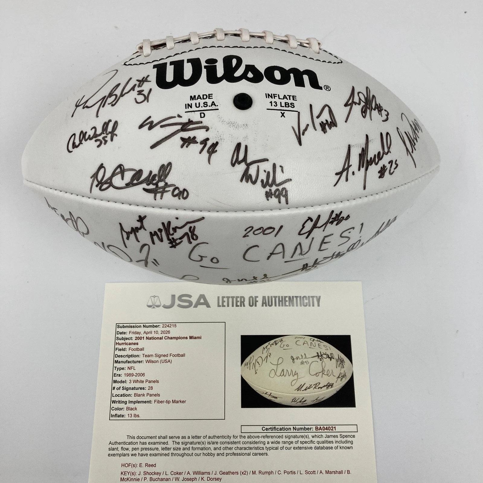 2001 Miami Hurricanes NCAA National Champions Team Signed Football JSA COA