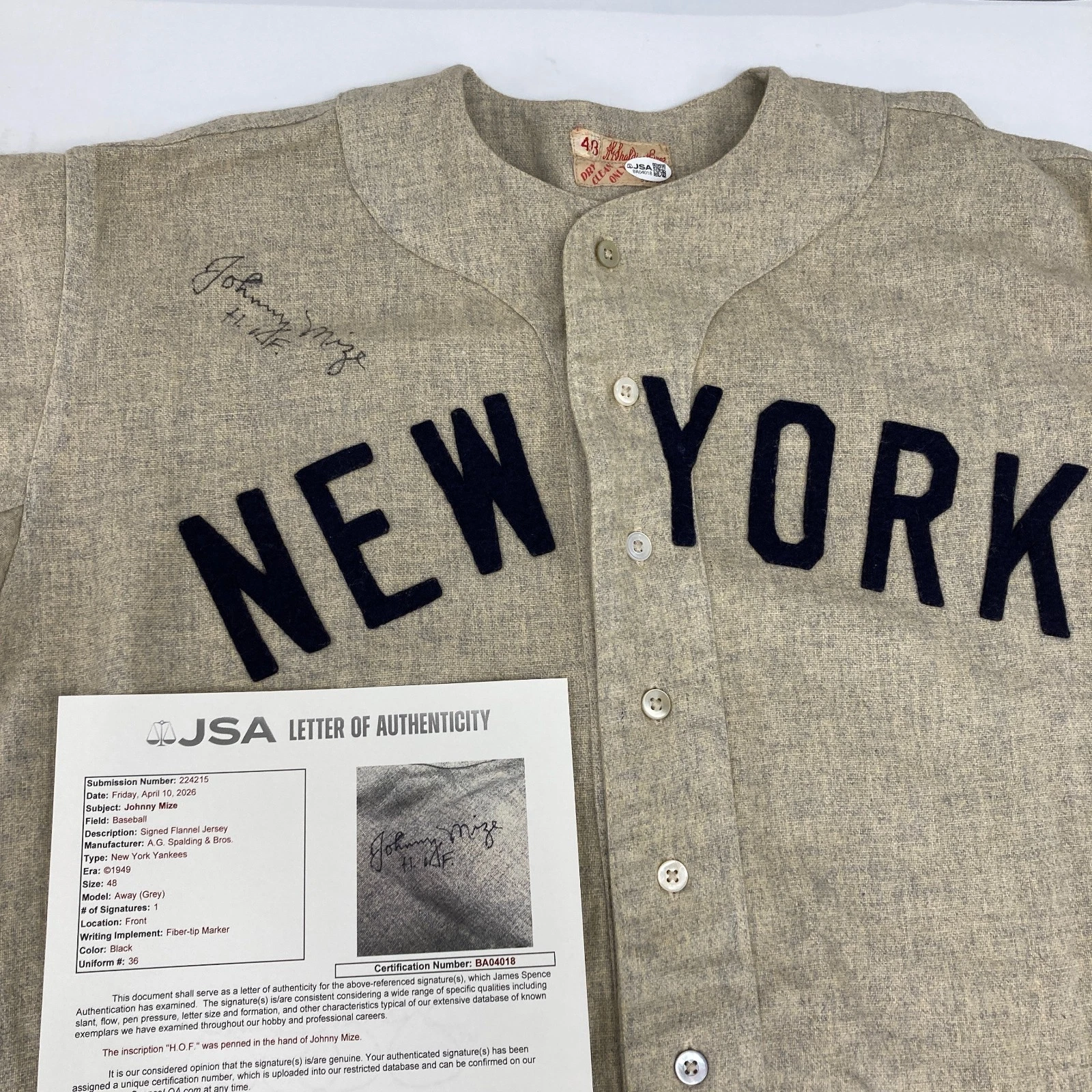 Johnny Mize Signed Vintage 1949 New York Yankees Jersey JSA COA