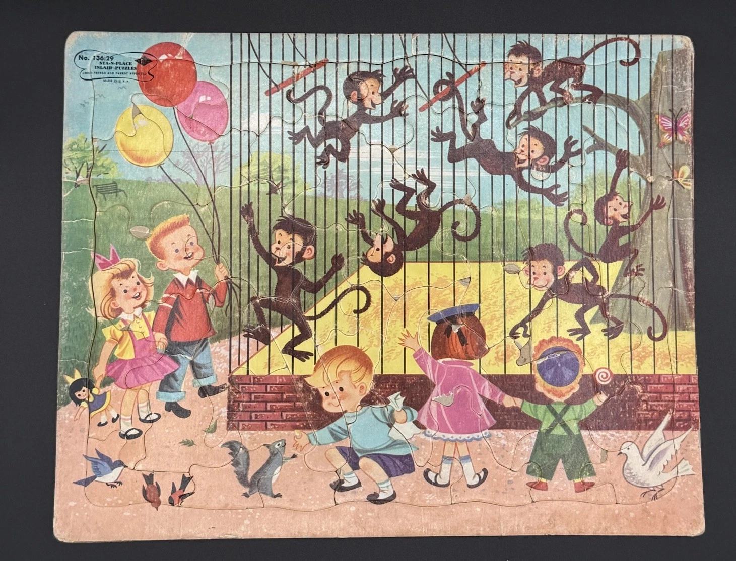 Vintage Sta-n-place Inlaid Puzzle Monkeys Children at the Zoo