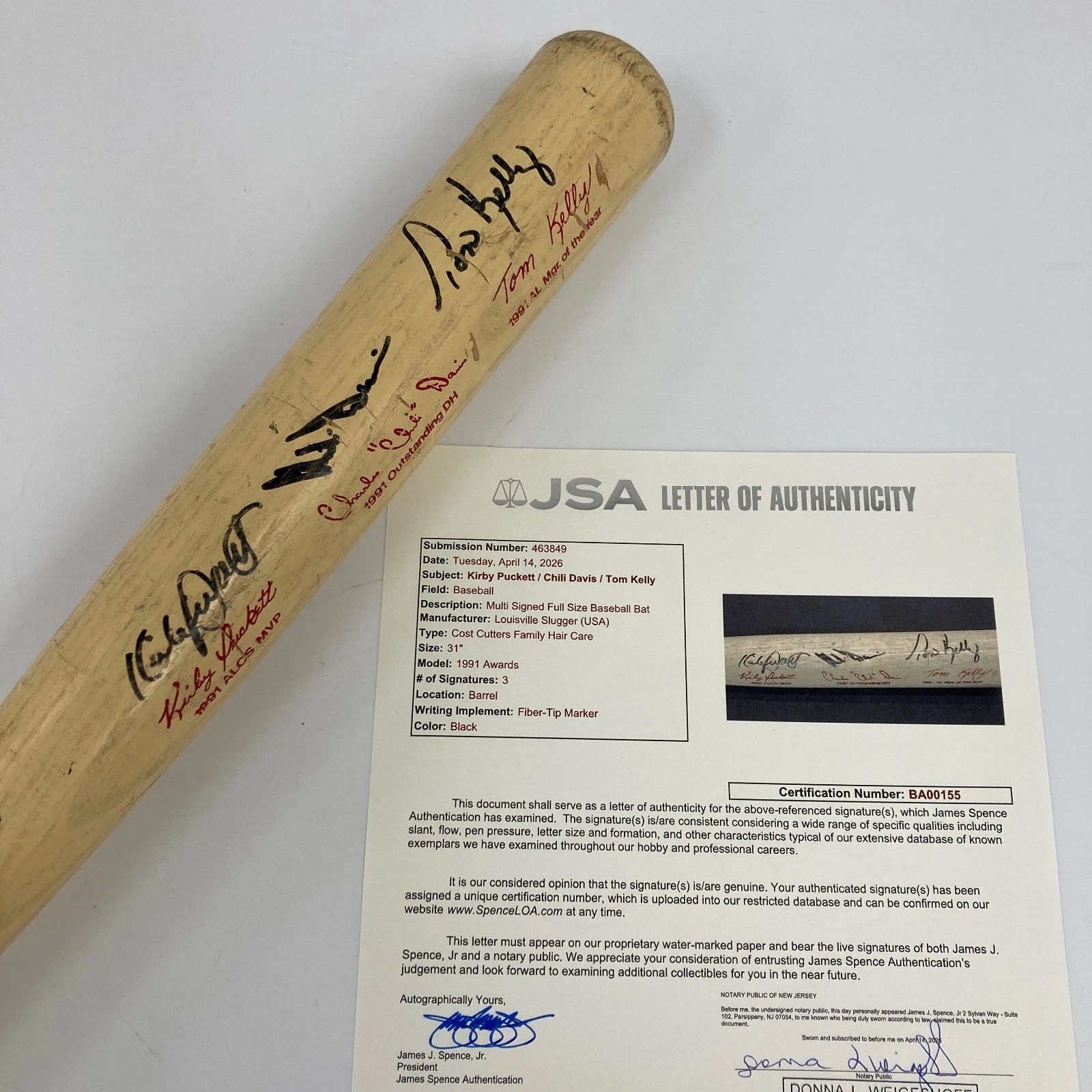 Kirby Puckett Tom Kelly Signed 1991 World Series Champs Baseball Bat JSA COA