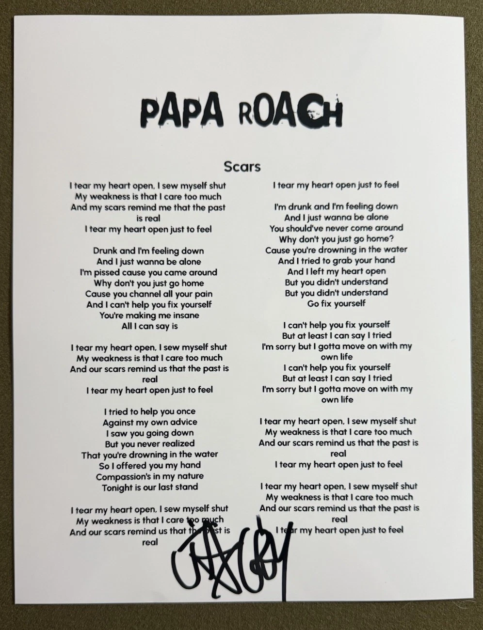 JACOBY SHADDIX SIGNED LYRIC SHEET SCARS PAPA ROACH AUTOGRAPH AUTHENTIC COA