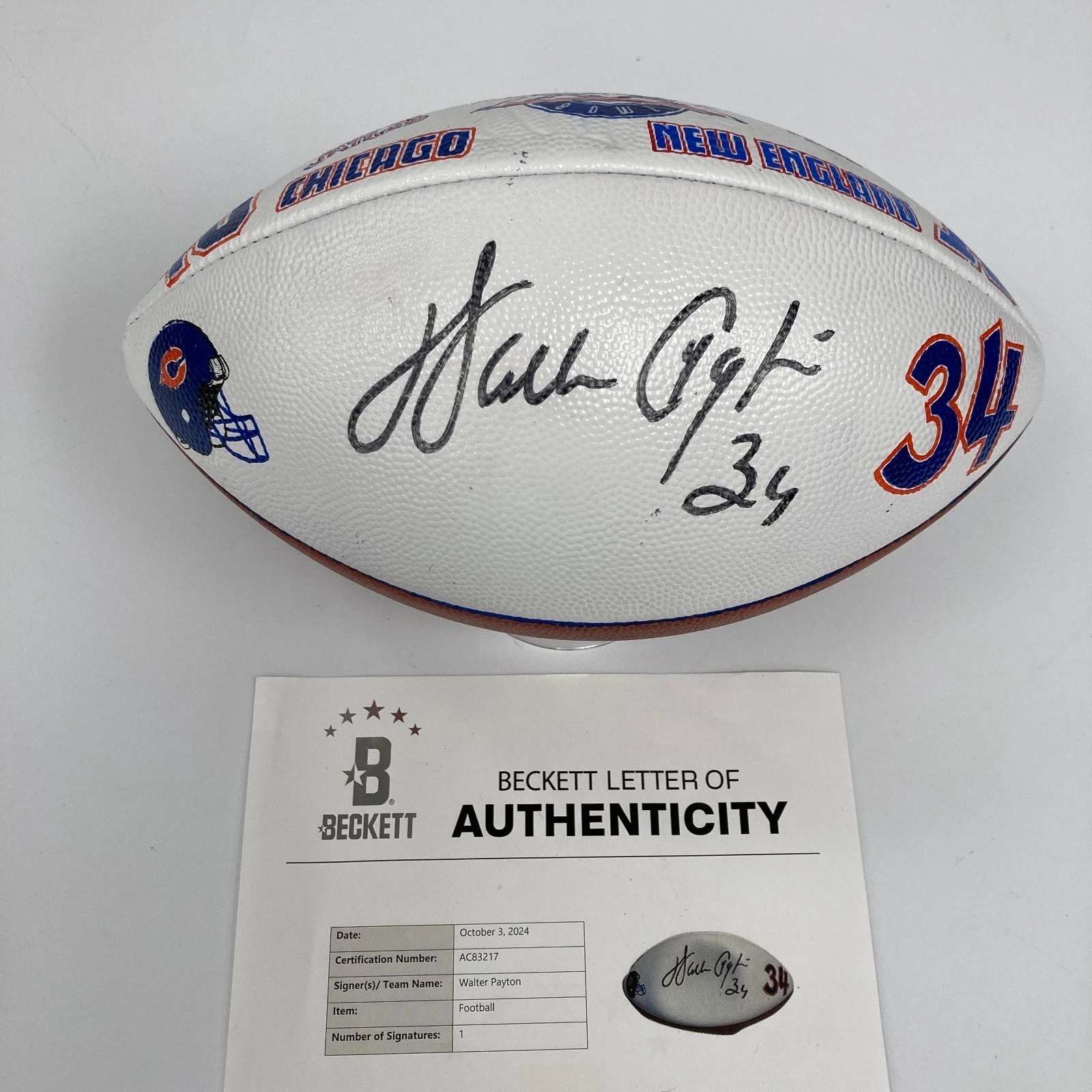 Walter Payton Signed 1986 Super Bowl Presentational Football Beckett COA