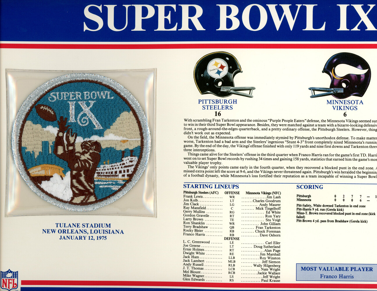 Super Bowl IX Patch Stat Card Official Willabee & Ward 35703