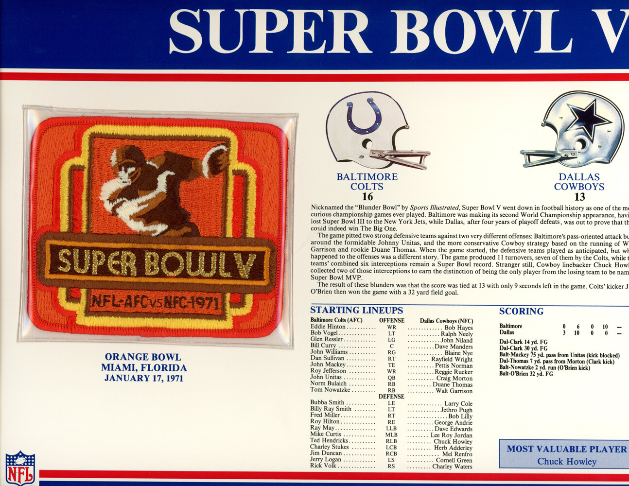 Super Bowl V Patch Stat Card Official Willabee & Ward 35699