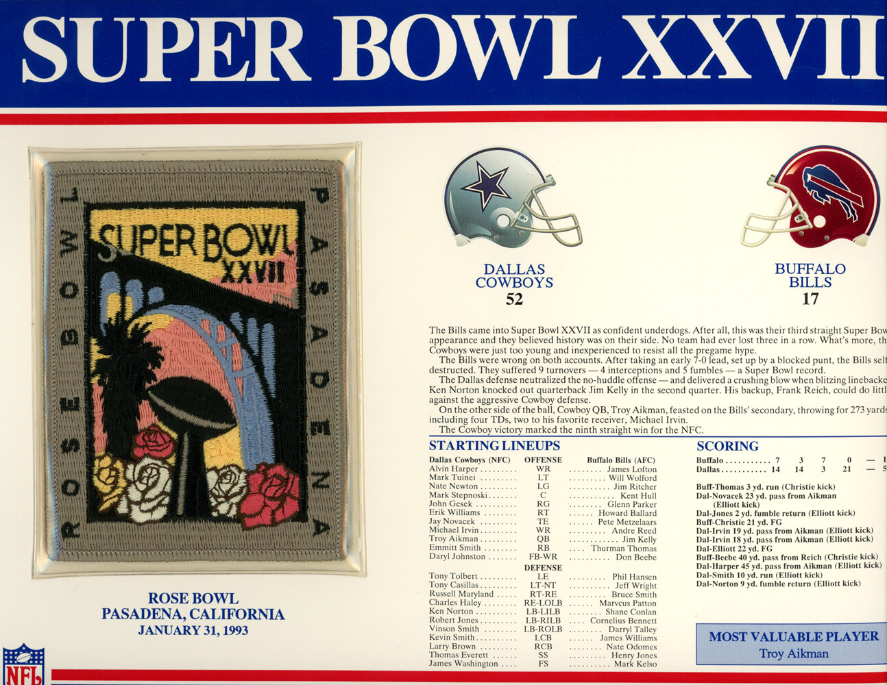 Super Bowl XXVII Patch Stat Card Official Willabee & Ward 35721