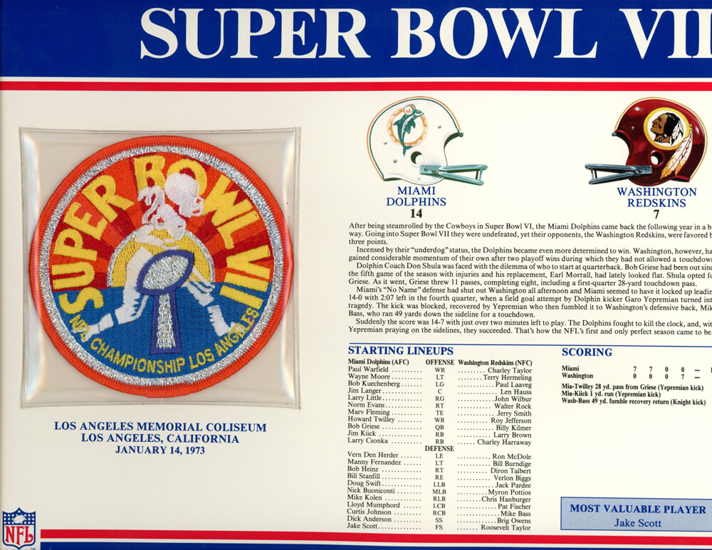 Super Bowl VII Patch Stat Card Official Willabee & Ward 35701