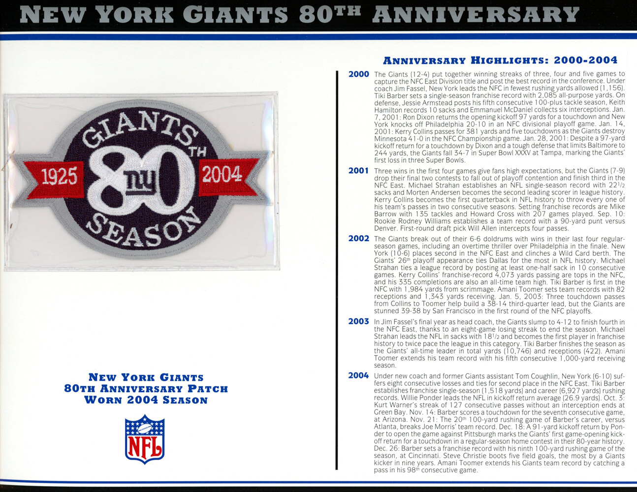 New York Giants 80th Anniversary Patch Stat Card Official Willabee & Ward 36700