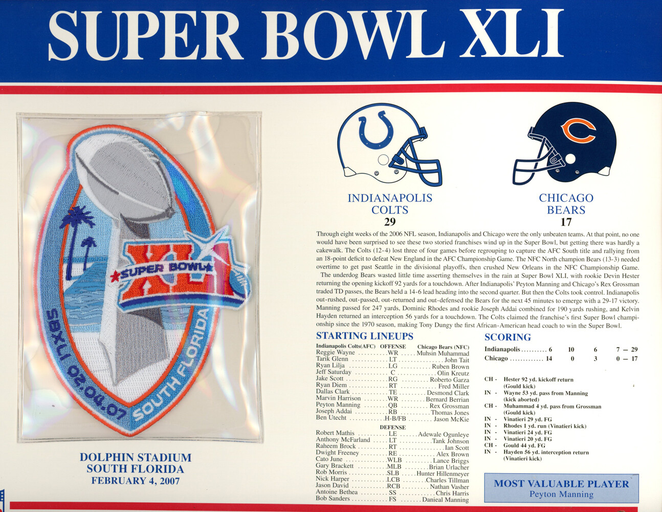 Super Bowl XLI Patch Stat Card Official Willabee & Ward 35735