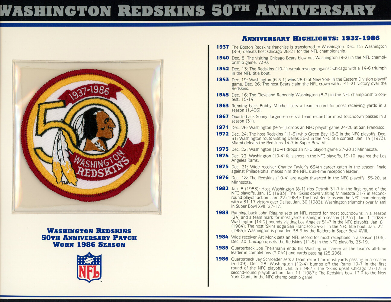 Washington Redskins 50th Anniversary Patch Stat Card Willabee & Ward 36759