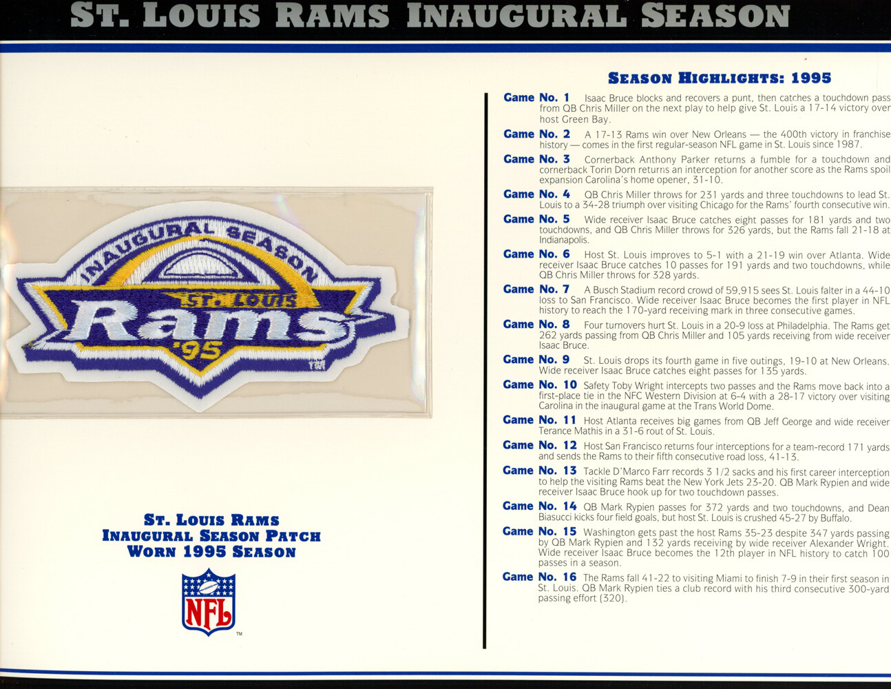 St Louis Rams Inaugural Season Patch Stat Card Official Willabee & Ward 36773