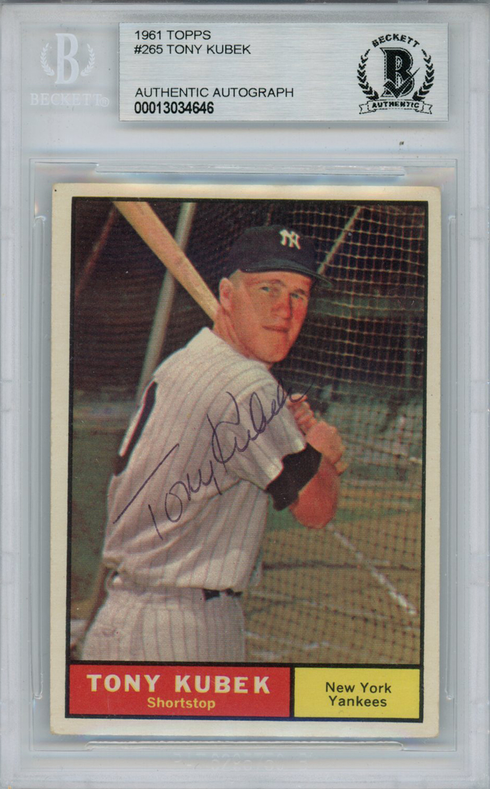 Tony Kubek Autographed 1961 Topps #265 Trading Card Beckett Slab 38487