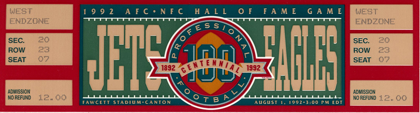 1992 Hall Of Fame Game Ticket New York Jets vs Philadelphia Eagles 37547