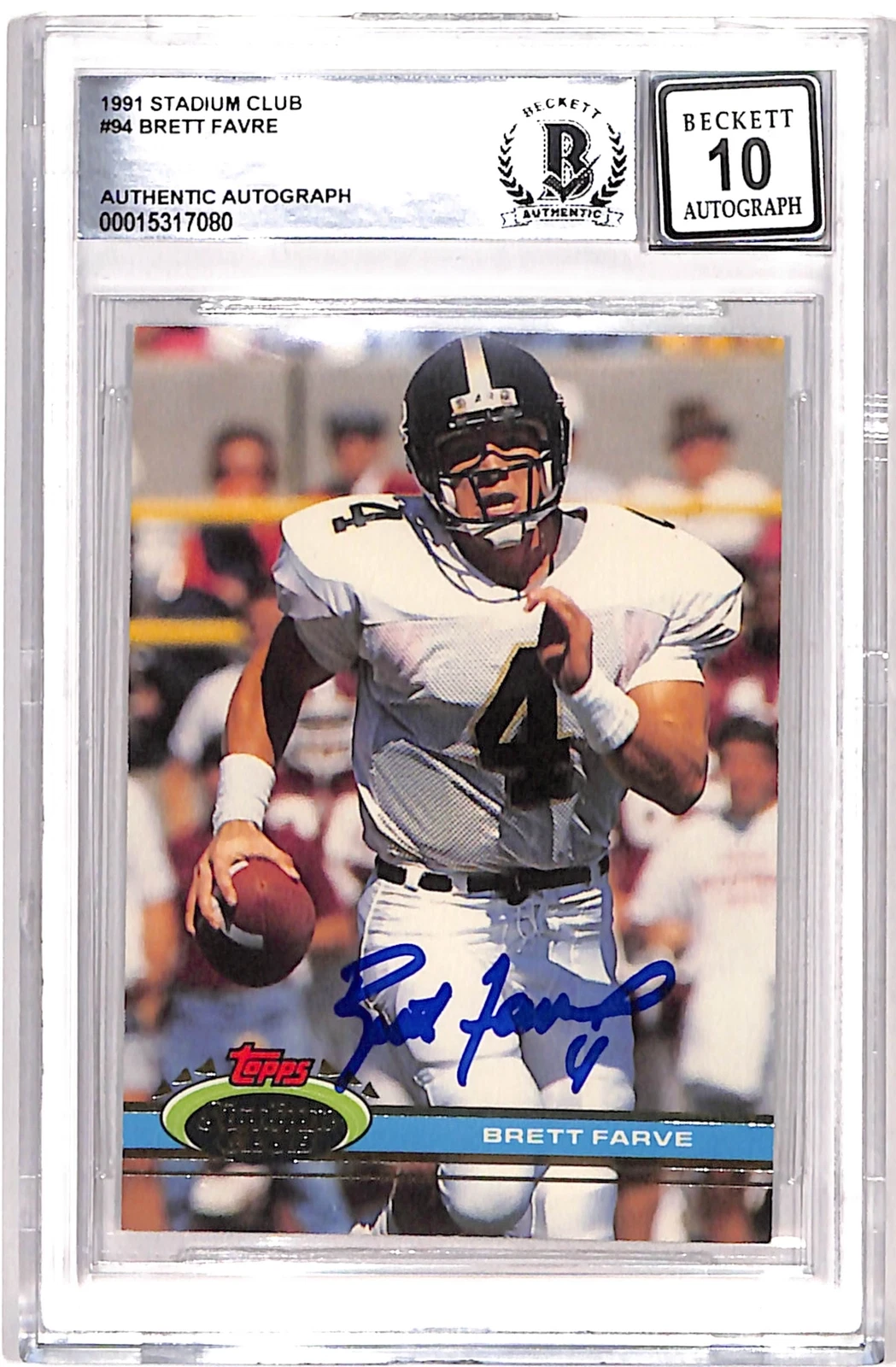 Brett Favre Signed 1991 Stadium Club #94 Grade 10 Card Beckett 17017