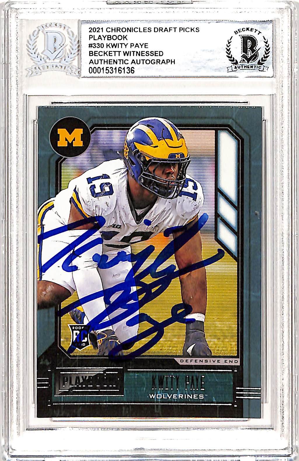 Kwity Paye Autographed Chronicles Playbook 2021 #330 Card Slab Beckett 38926