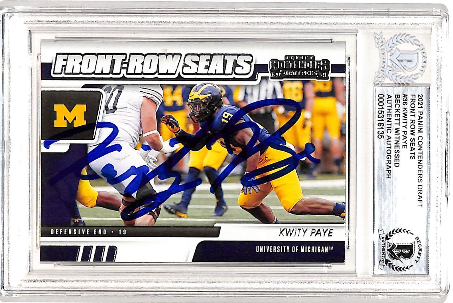 Kwity Paye Autographed Contenders Front Row 2021 #36 Card Slab Beckett 38929