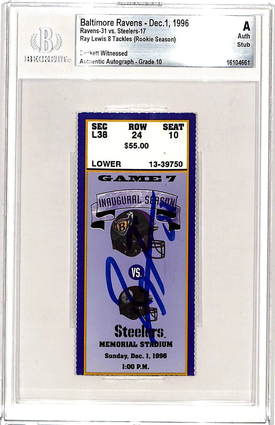 Ray Lewis Signed Baltimore Ravens 12/01/96 Ticket Stub Slab Beckett 42757
