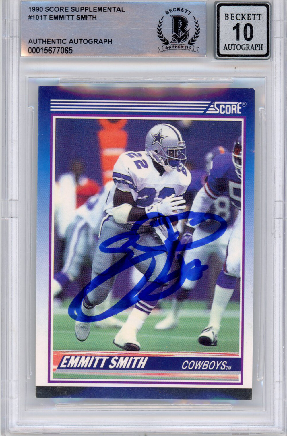 Emmitt Smith Signed 1990 Score Supplemental #101 (Grade 10) Slabbed BAS 39917