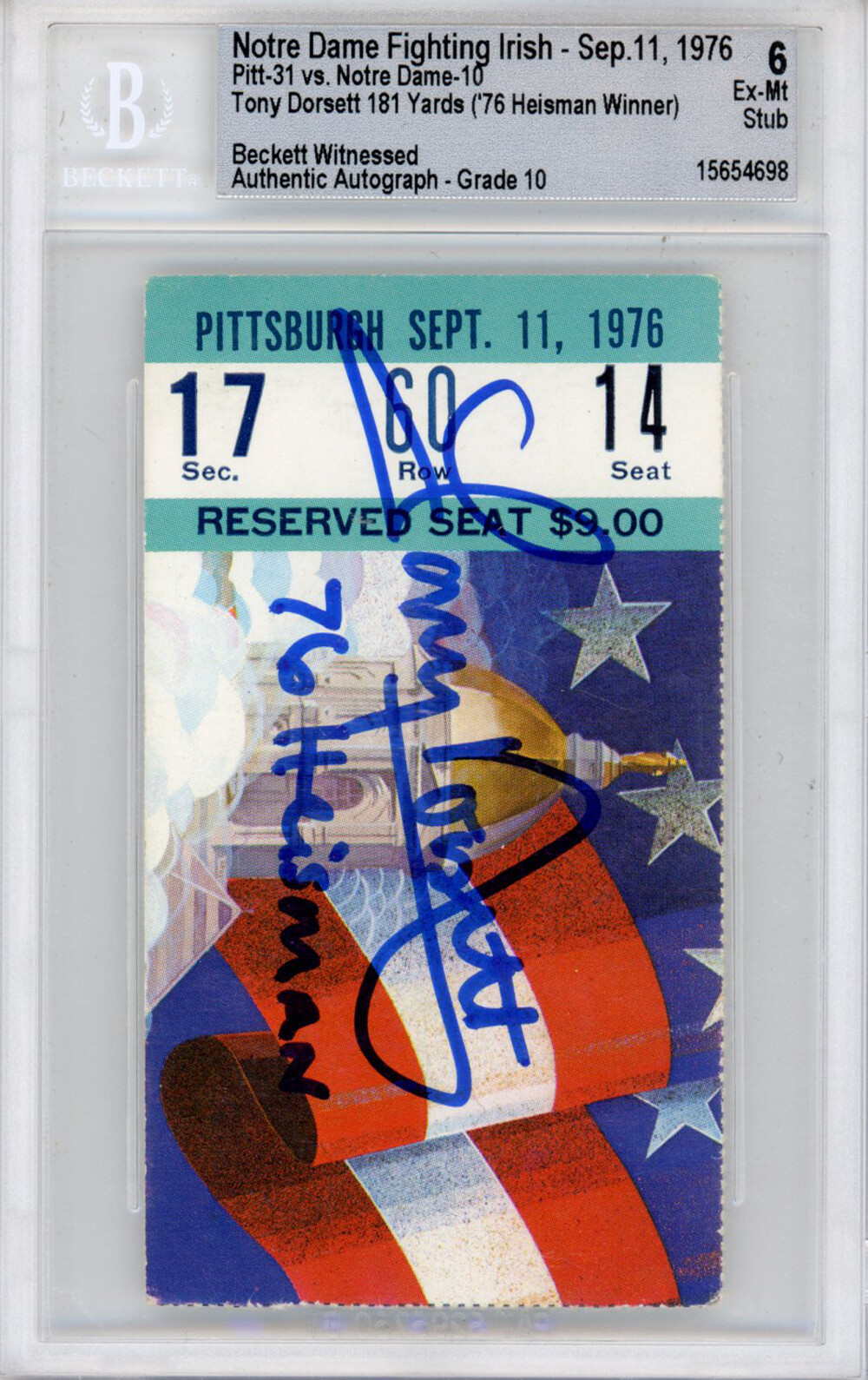 Tony Dorsett Autographed Ticket 9/11/76  Pitt Panthers BAS Slabbed 39903