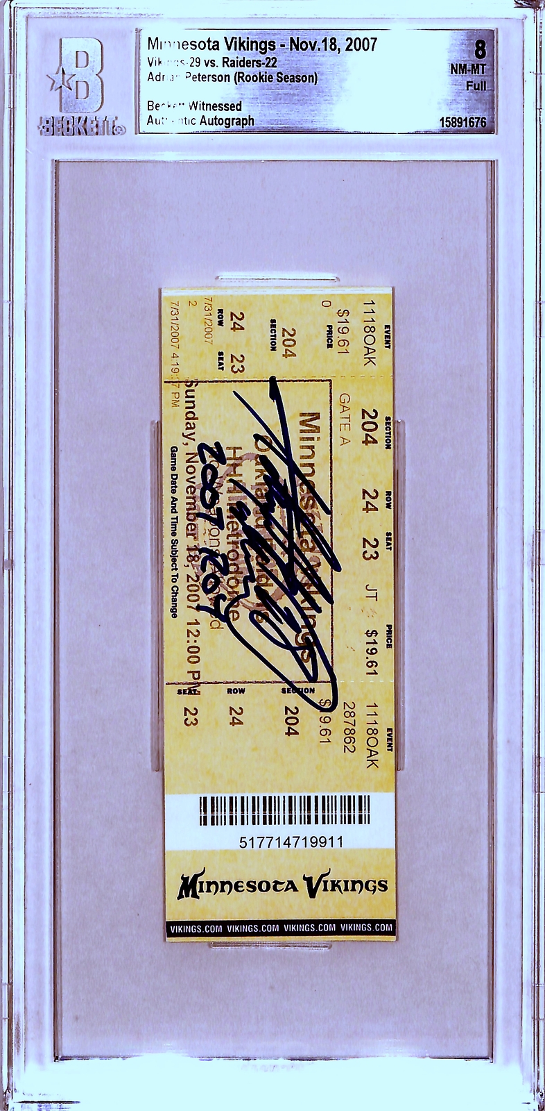 Adrian Peterson Signed Minnesota Vikings 11/18/07 '07 ROY Slab Ticket BAS 43395