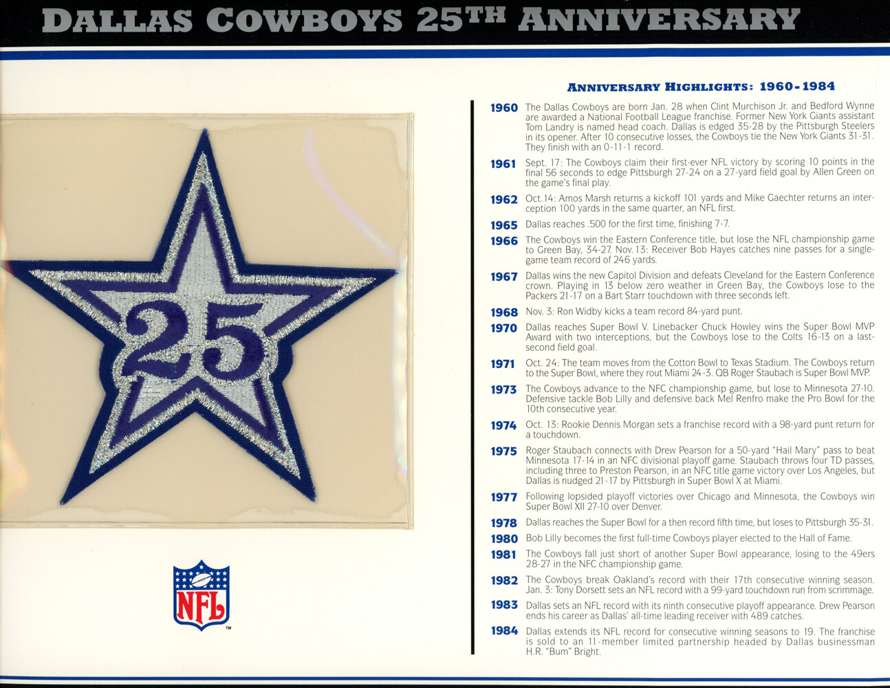 Dallas Cowboys 25th Anniversary Patch Stat Card Official Willabee & Ward 36728