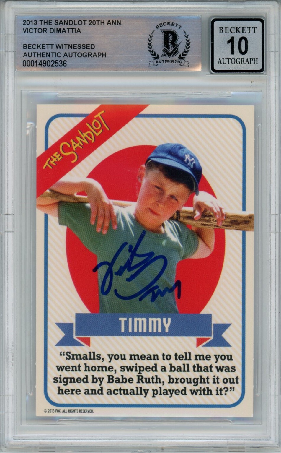 VICTOR DIMATTIA SIGNED THE SANDLOT 20 ANNIV.  BECKETT AUTO 10 40678 COLLECTIBLE MEMORABILIA
