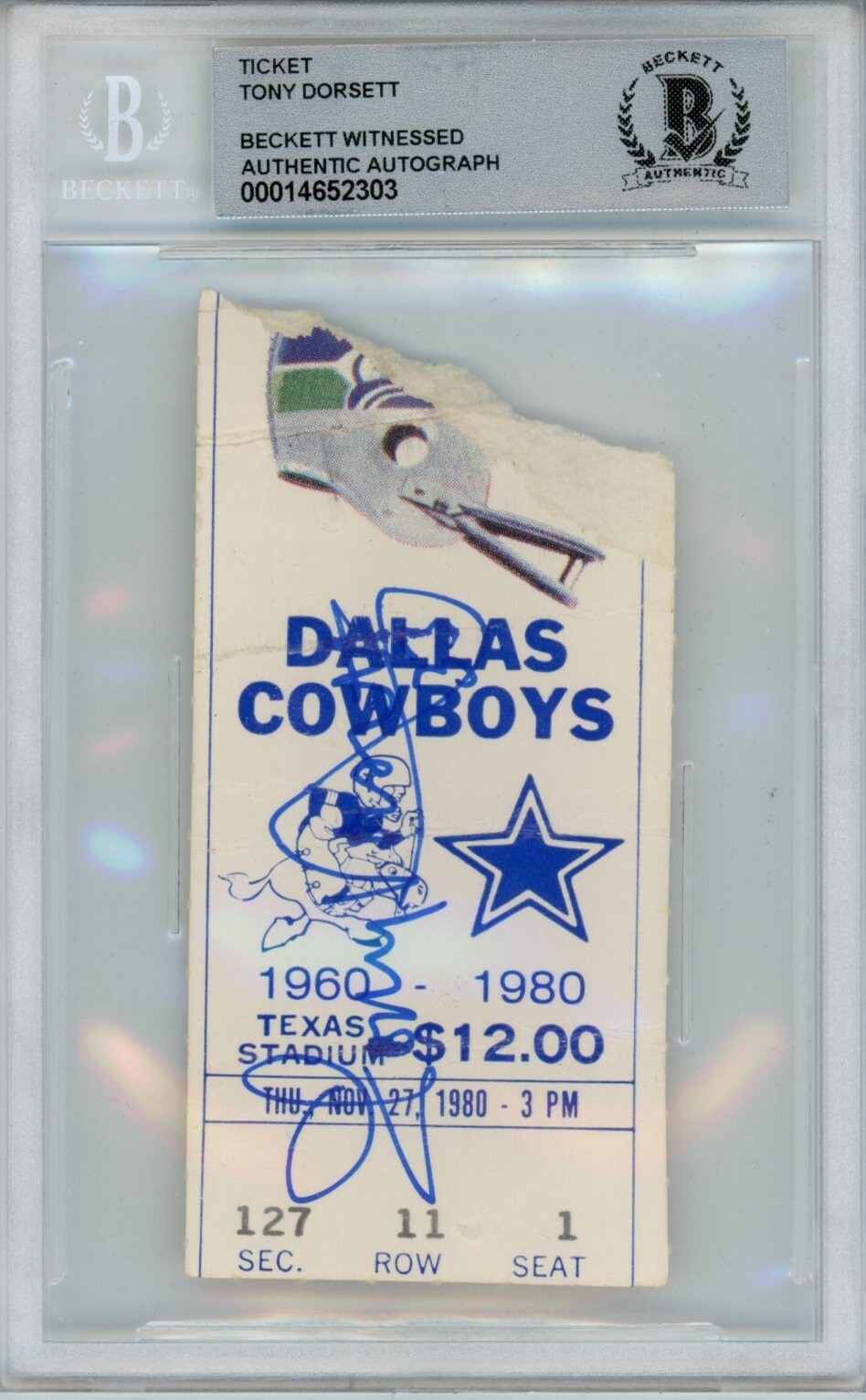 Tony Dorsett Autographed/Signed 11/27/1980 Ticket Stub Beckett 39414