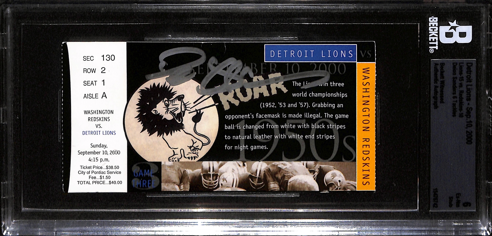 Deion Sanders Autographed Washington Redskins Ticket Stub Beckett 37141