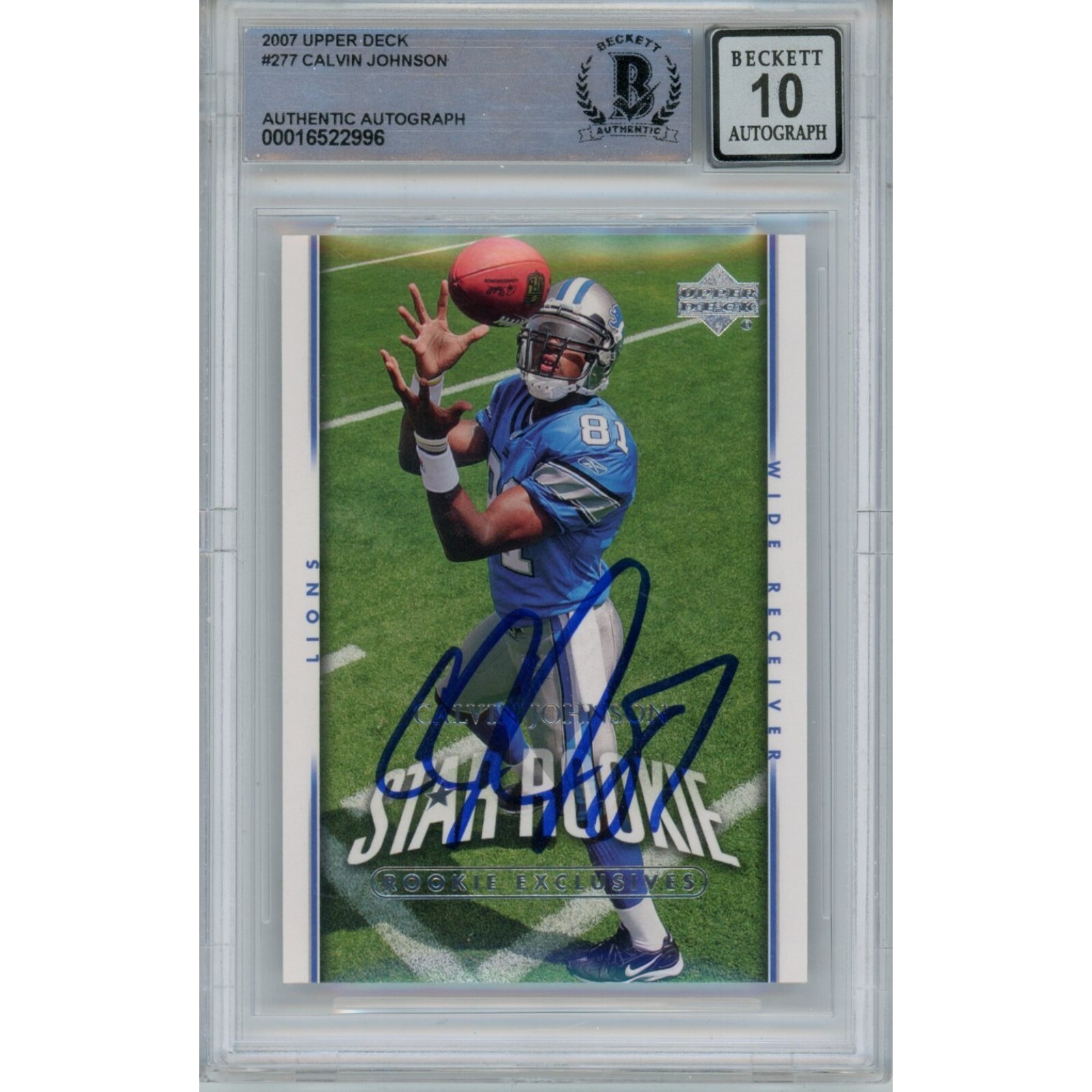 Calvin Johnson Autographed 2007 Upper Deck 277 Card 10 Grade Beckett 47026
