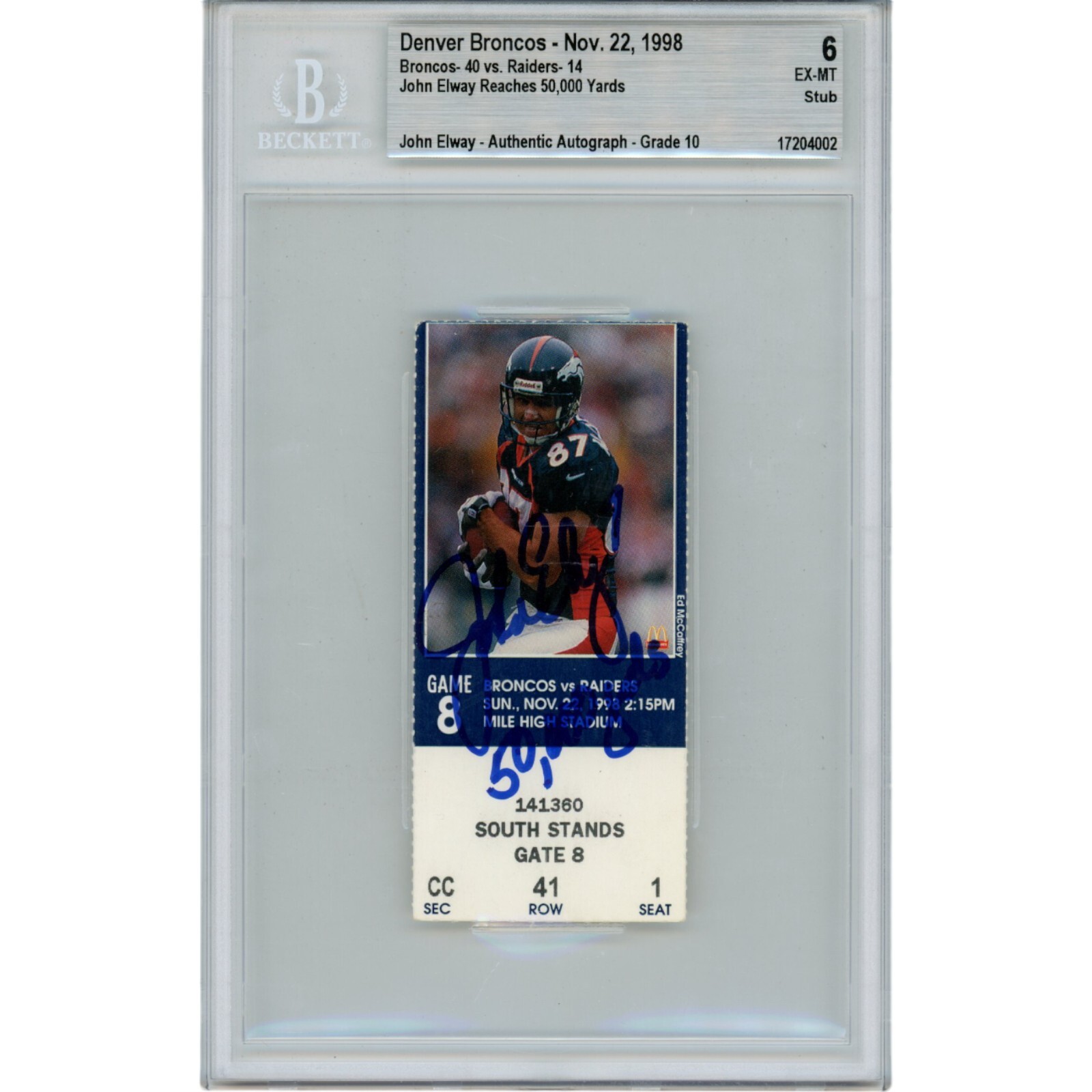 John Elway Autographed Denver Broncos 11/22/98 Ticket Stub 50000 Yds BAS 48154