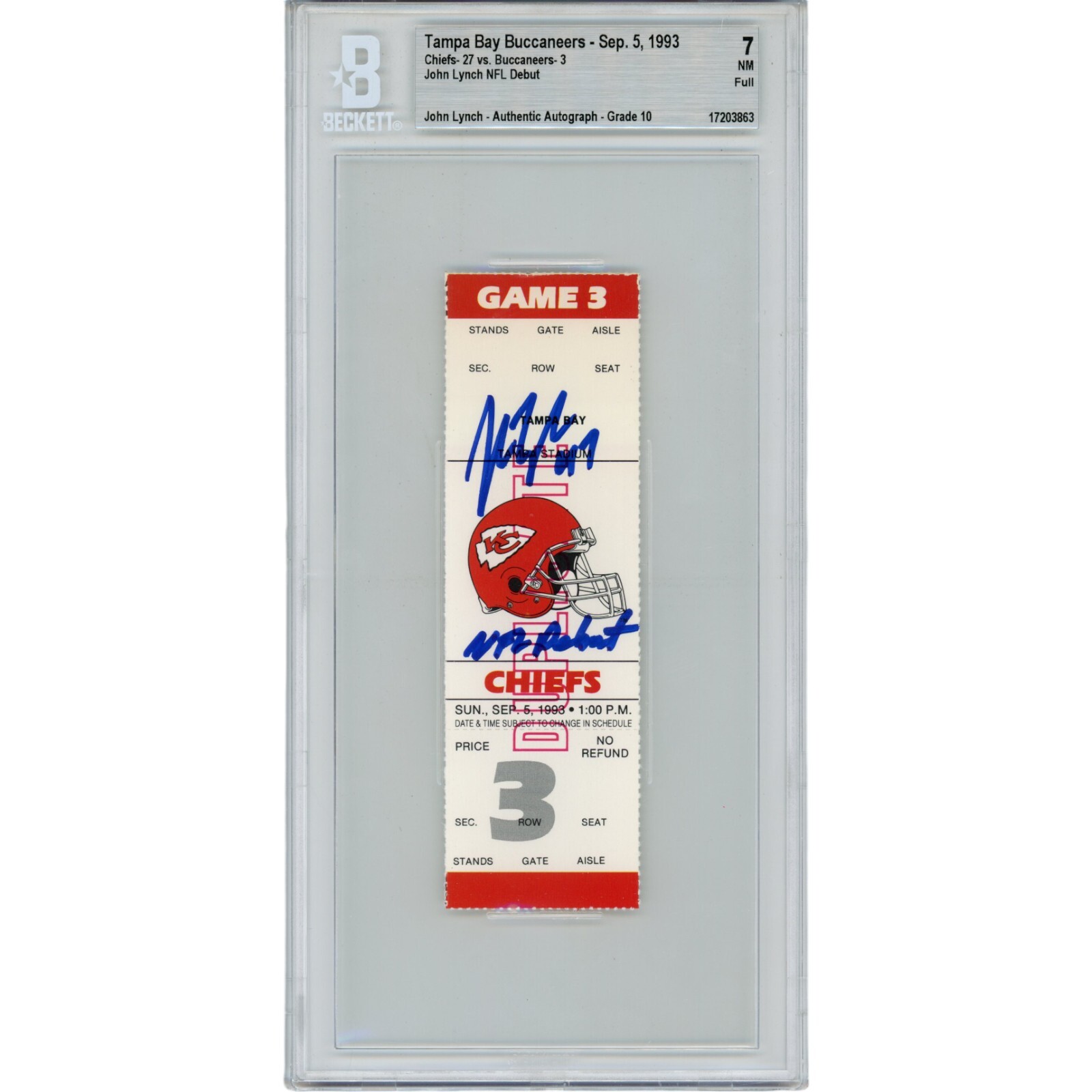 John Lynch Autographed Tampa Bay Buccaneers NFL Debut Ticket Stub Beckett 42714