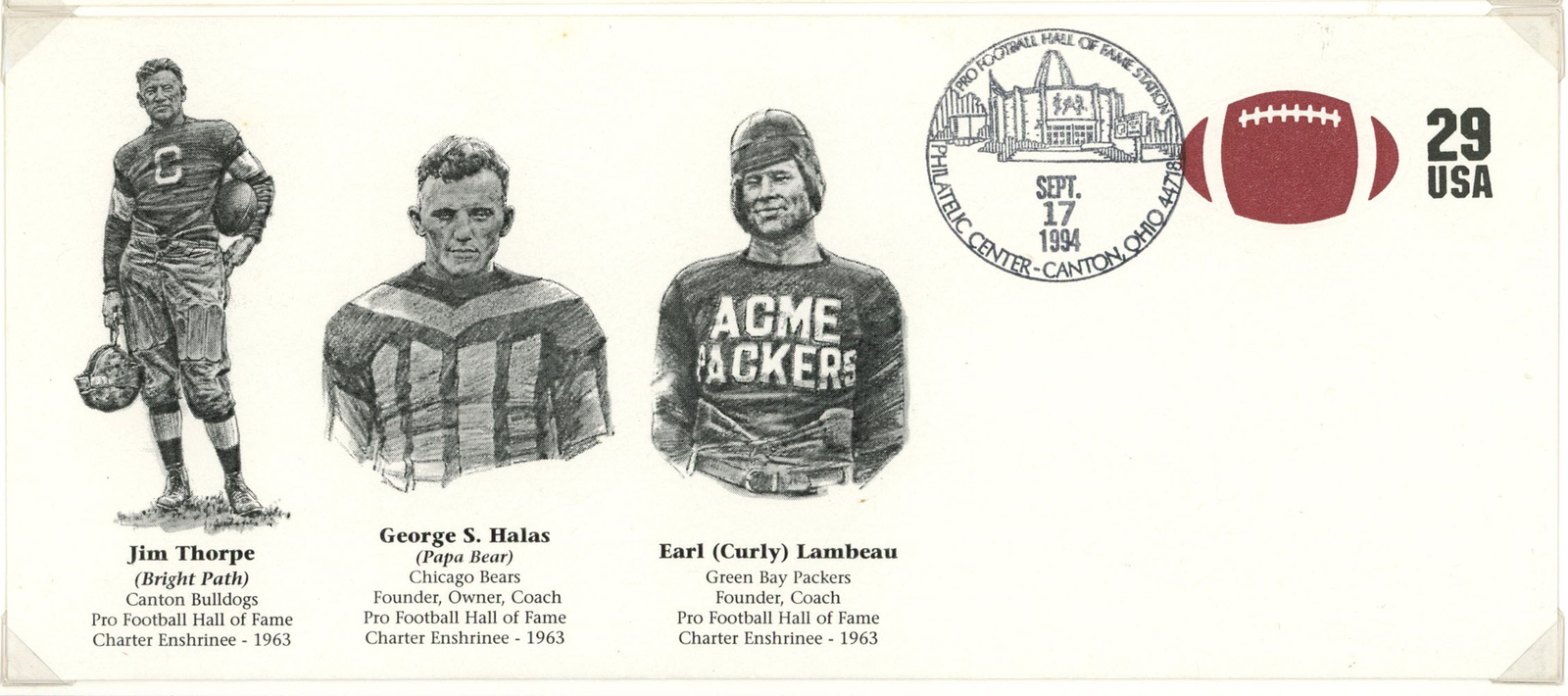 Thorpe, Halas & Lambeau Sept 17, 1994 Hall of Fame Cachet Envelope 42587
