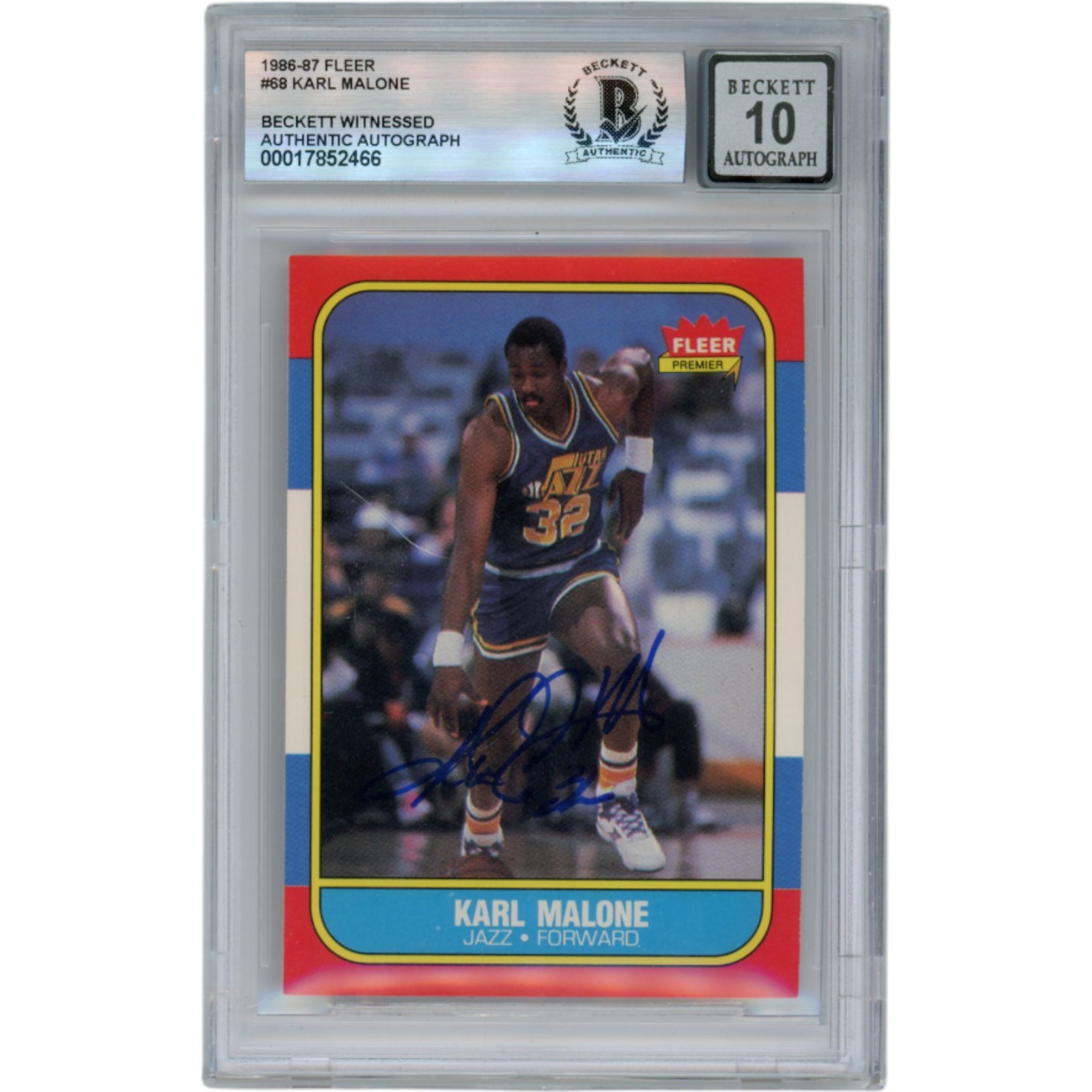 Karl Malone Autographed 1986 Fleer #68 Slabbed Trading Card Beckett 50673