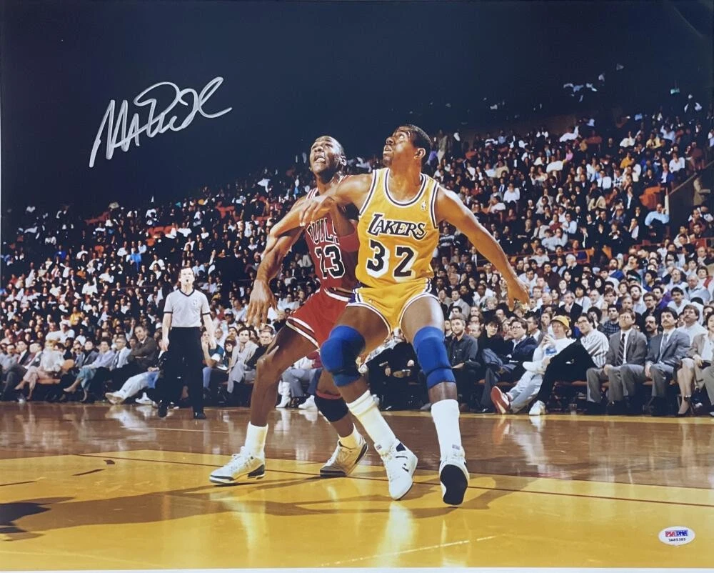 MAGIC JOHNSON SIGNED AUTOGRAPH 16x20 PHOTO - FAMOUS IMAGE W/ MICHAEL JORDAN PSA