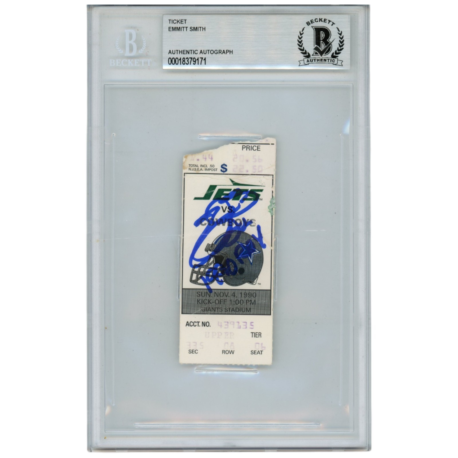 Emmitt Smith Autographed Dallas Cowboys 11/4/90 Ticket Stub 90 ROY Beckett 53054