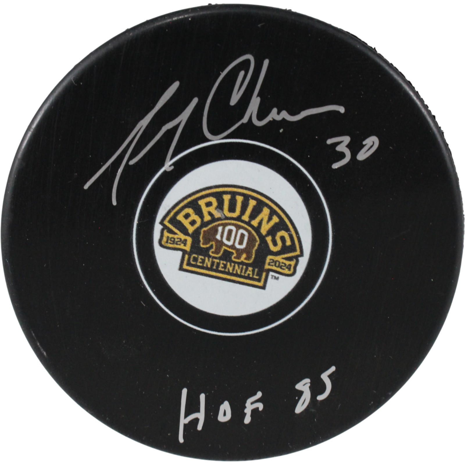 Gerry Cheevers Autographed/Signed Boston Bruins 100 Year Puck HOF 85 JSA 53954