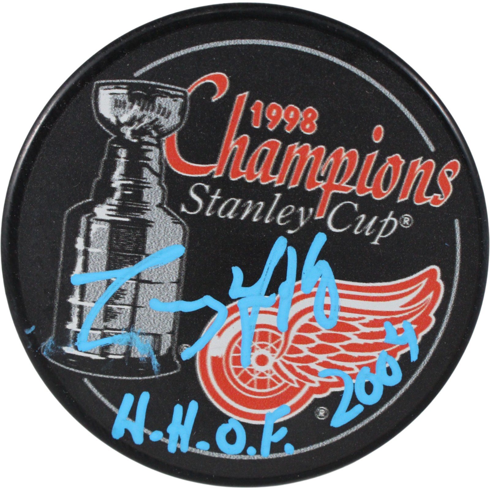 Larry Murphy Autographed Detroit Red Wings 1998 SC Champs Puck HOF JSA 53979