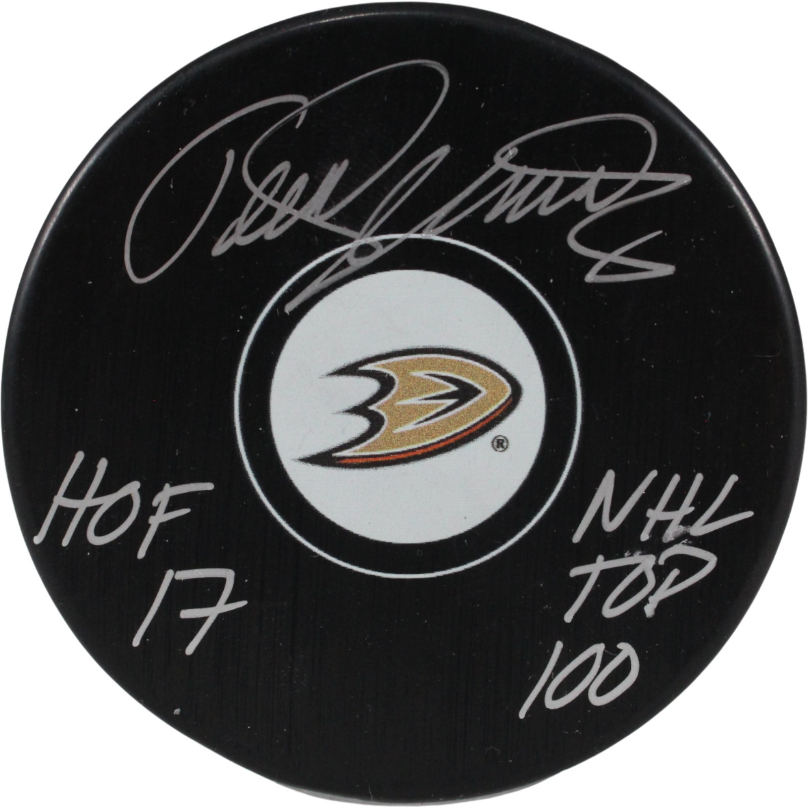 Teemu Selanne Autographed Anaheim Ducks Logo Puck NHL Top 100 HOF JSA 53947