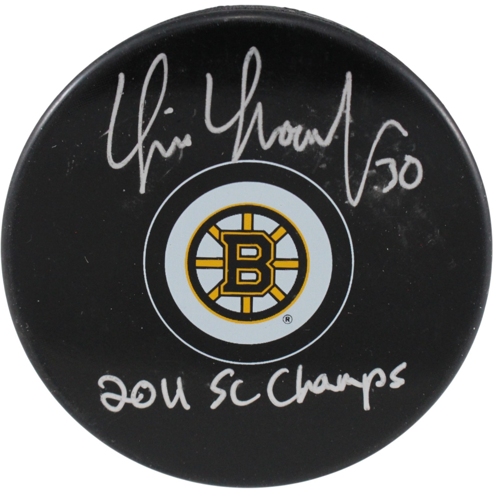 Tim Thomas Autographed Boston Bruins Logo Puck 2011 SC Champs Beckett 53952