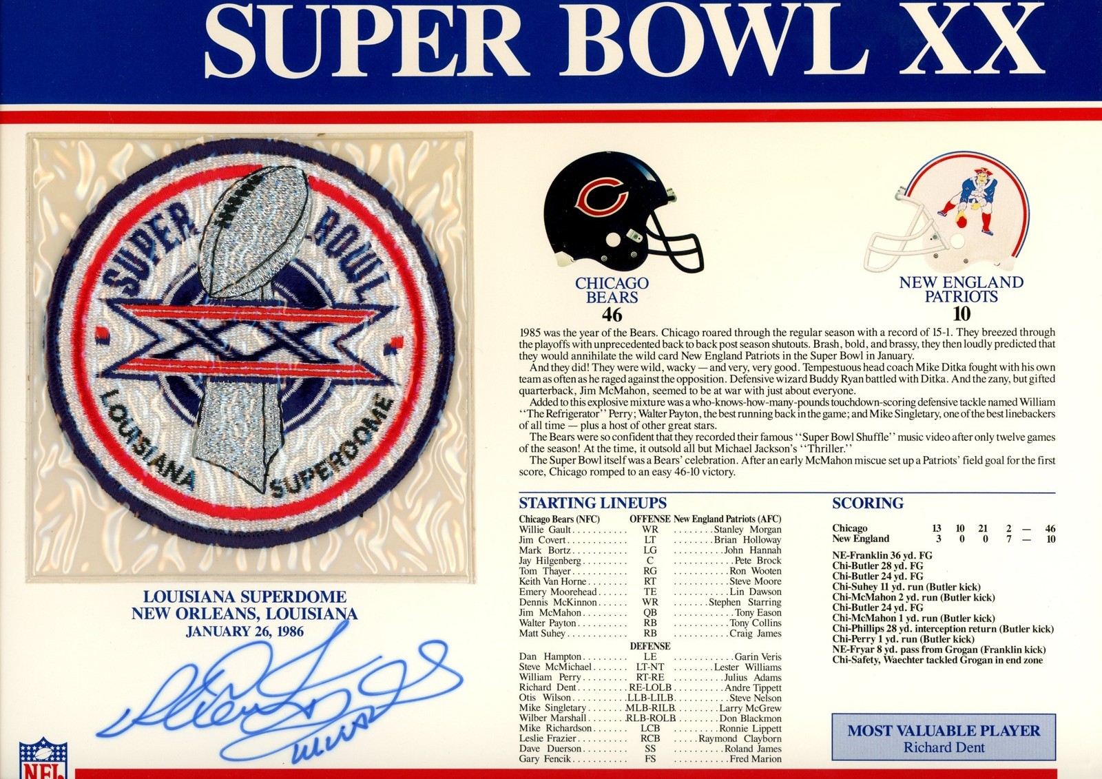 Richard Dent Autographed Chicago Bears SB XX Patch Card SB MVP Beckett 54937