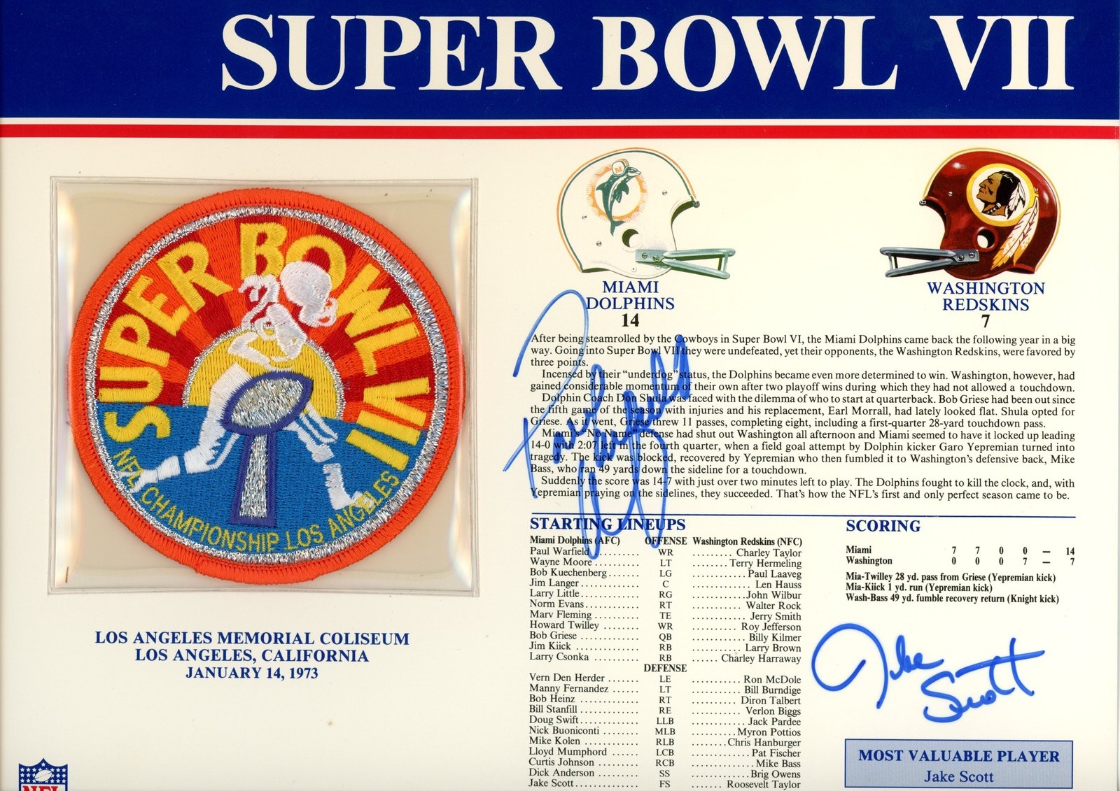 Jake Scott Paul Warfield Signed Miami Dolphins SB VII Patch Card Beckett 54941